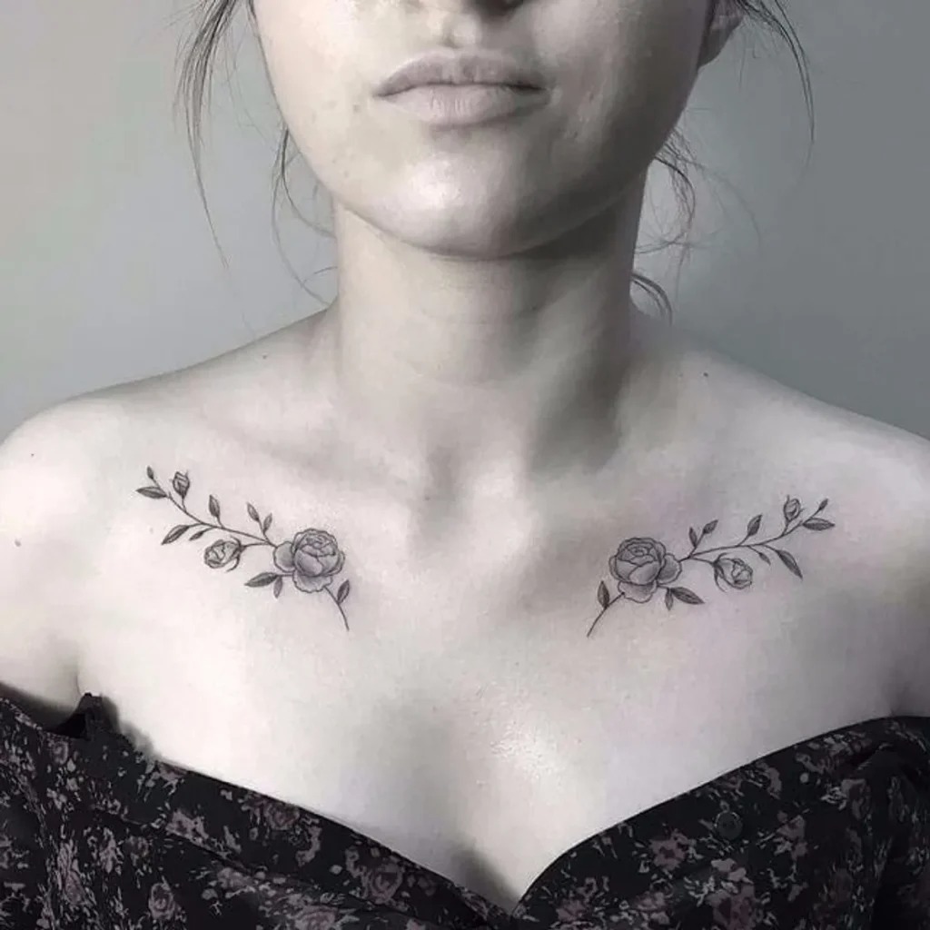 Floral Clavicle Tattoo with Twin Roses Tattoo Design