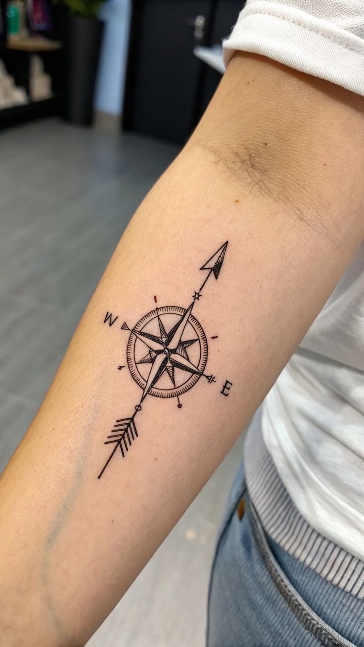 Arrow and Compass Inner Arm Tattoo Tattoo Design