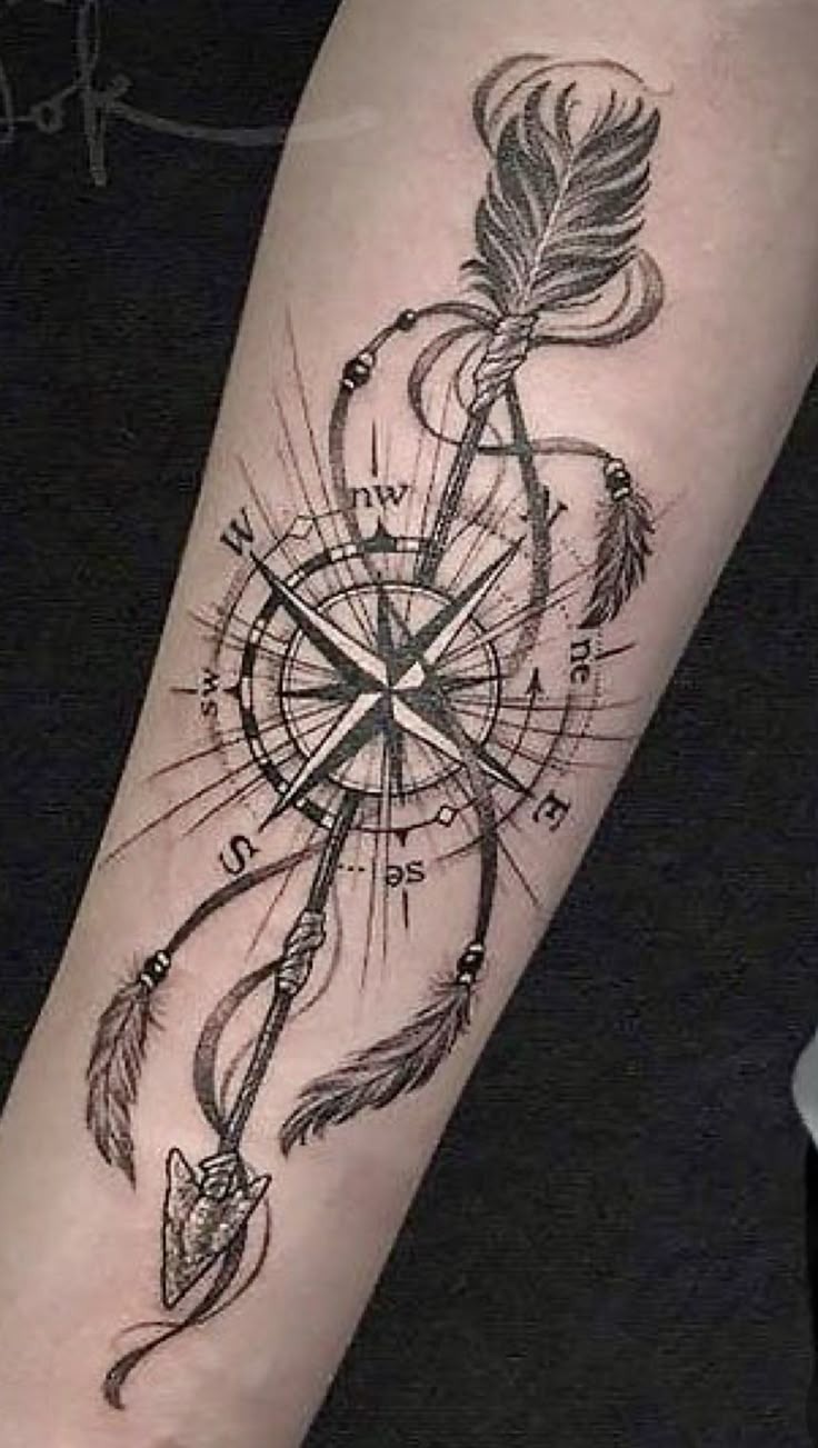 Compass Arrow with Feathers Tattoo Tattoo Design