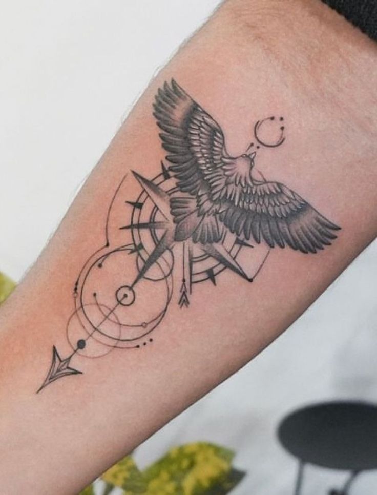 Flying Bird over Compass Tattoo Tattoo Design