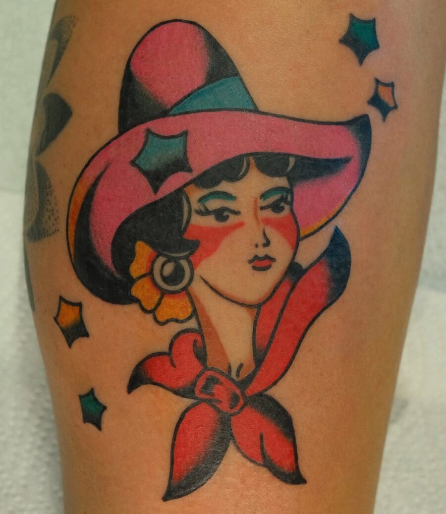 Bold and colorful country girl tattoo design Tattoo Design