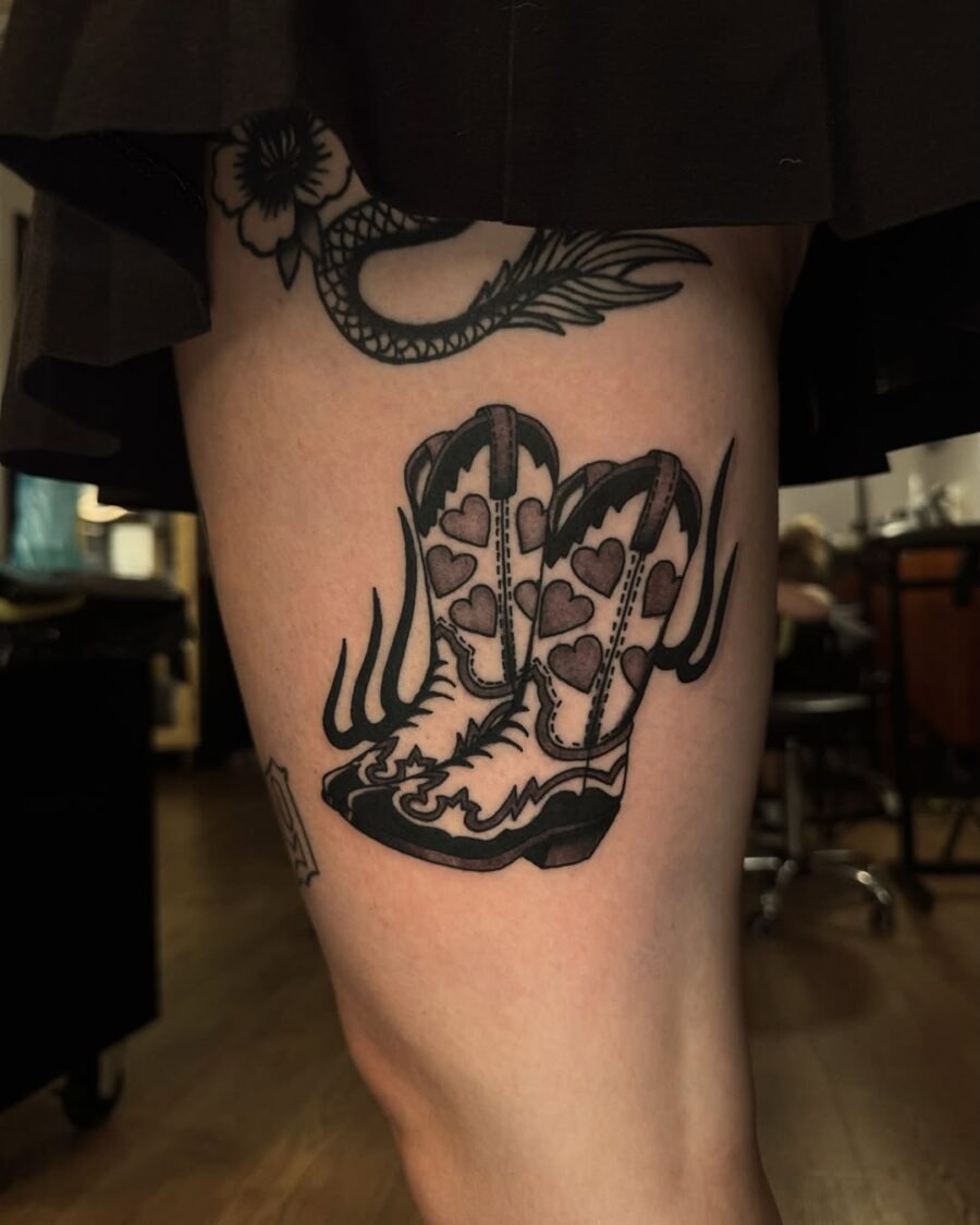 Charming country girl boots with heart designs Tattoo Design