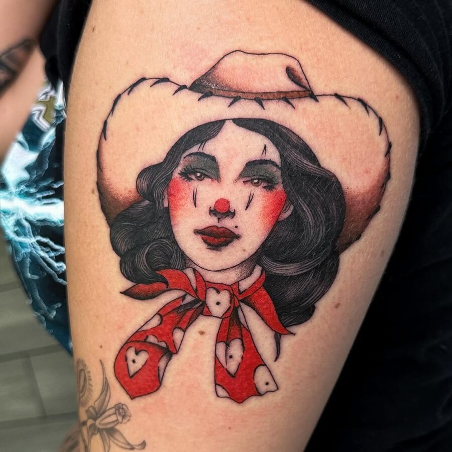 Creative clown-inspired country girl tattoo design Tattoo Design