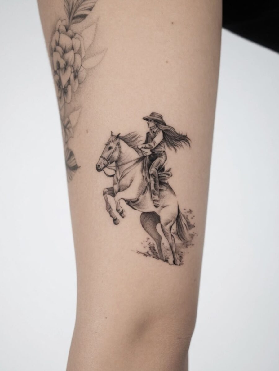 Elegant country girl riding a spirited horse Tattoo Design