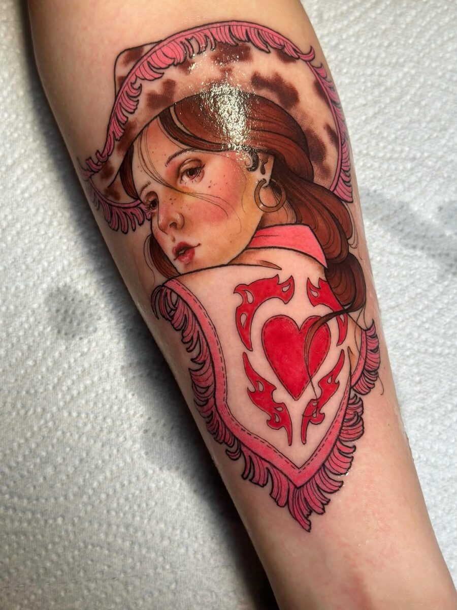 Elegant country girl tattoo with heart and hat Tattoo Design