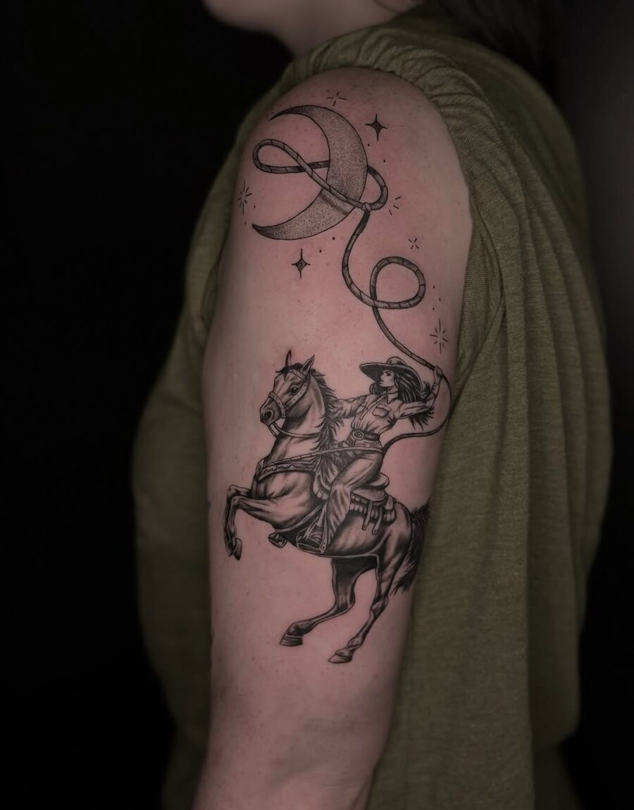 Empowered Country Girl Riding Under the Moon Tattoo Design