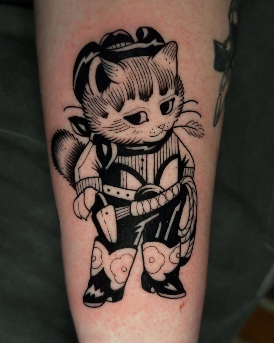 Playful farm cat in cowboy attire tattoo Tattoo Design