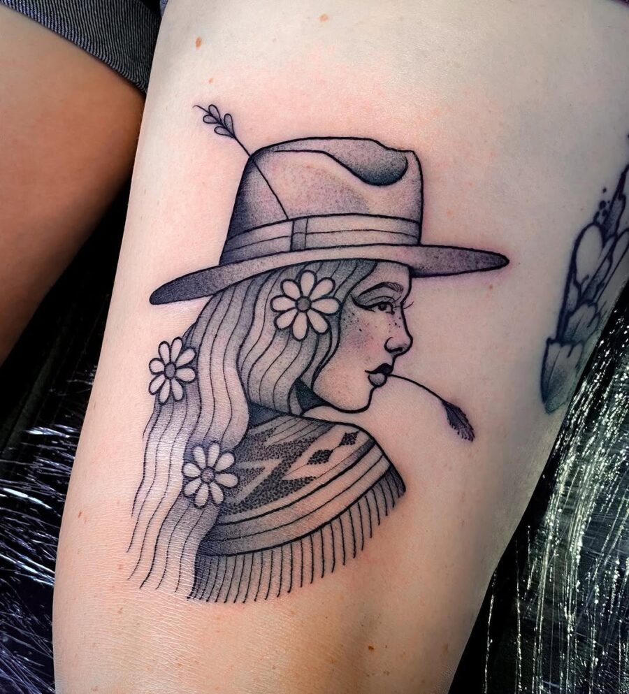 Stylish country girl tattoo with floral accents Tattoo Design