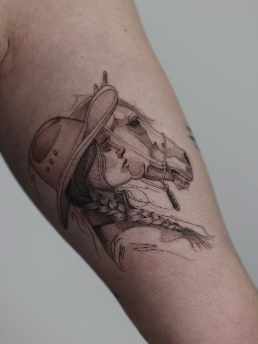 Stylish tattoo of a girl with a horse Tattoo Design