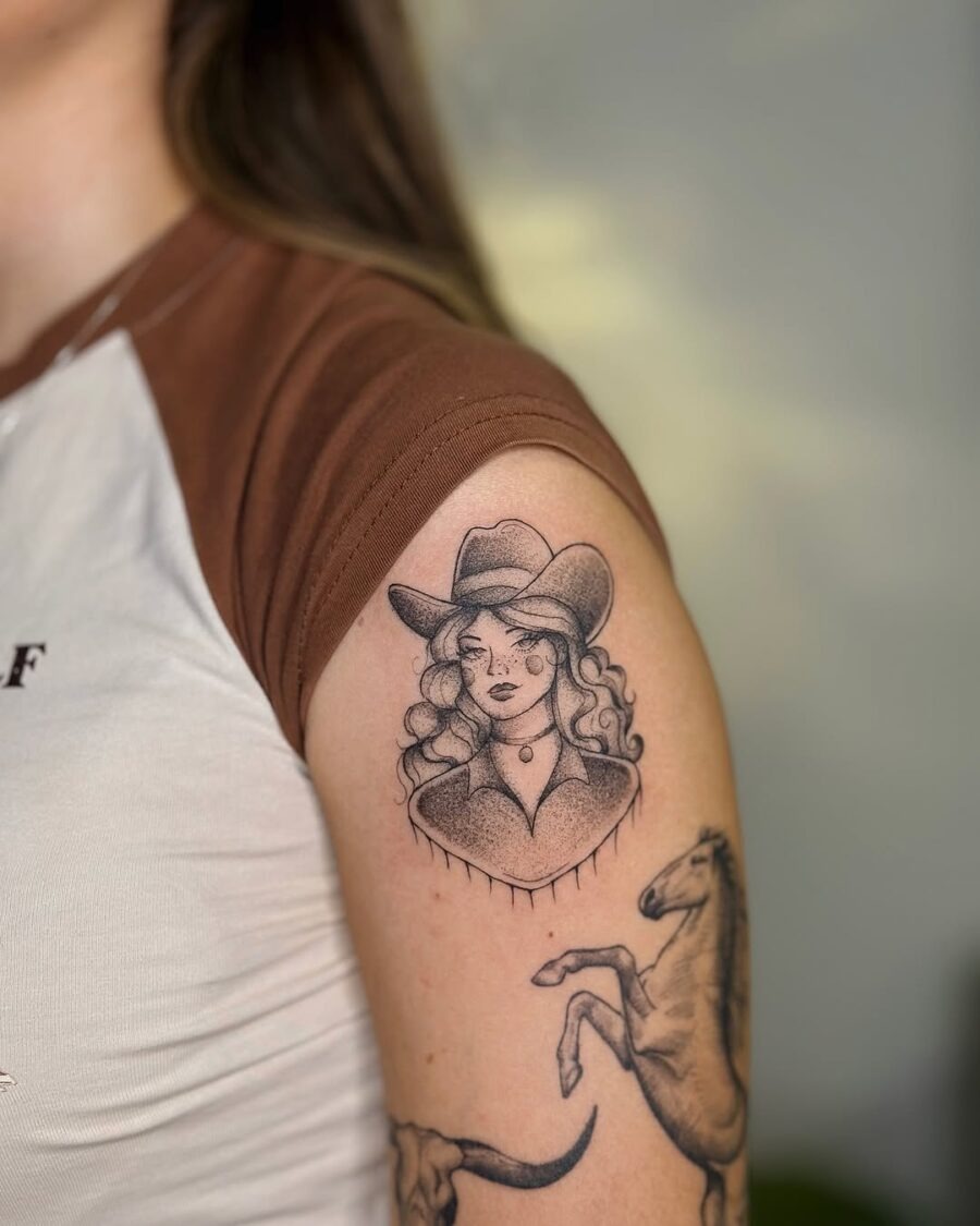 Stylish tattoo showcasing a confident cowgirl portrait Tattoo Design