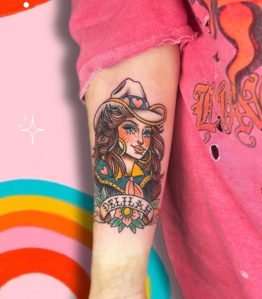 Vibrant cowgirl tattoo with playful elements Tattoo Design