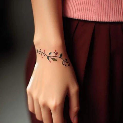 This floral vine tattoo is a and lively design, featuring leaves and small flowers in various shades of green and red.