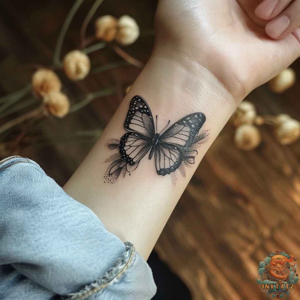 Butterflies have long been symbols of transformation, and this design brings that idea to life in a breathtakingly detailed tattoo.