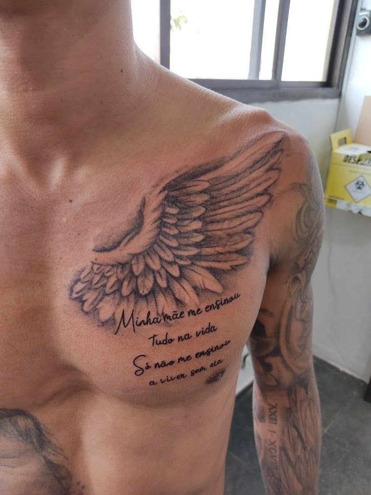 Angel Wing Tribute with Portuguese Verse Tattoo Design