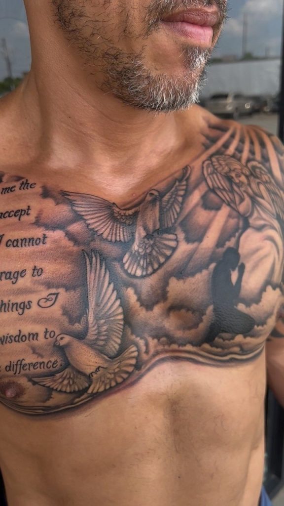 Breast Serenity Prayer with Doves Tattoo Design