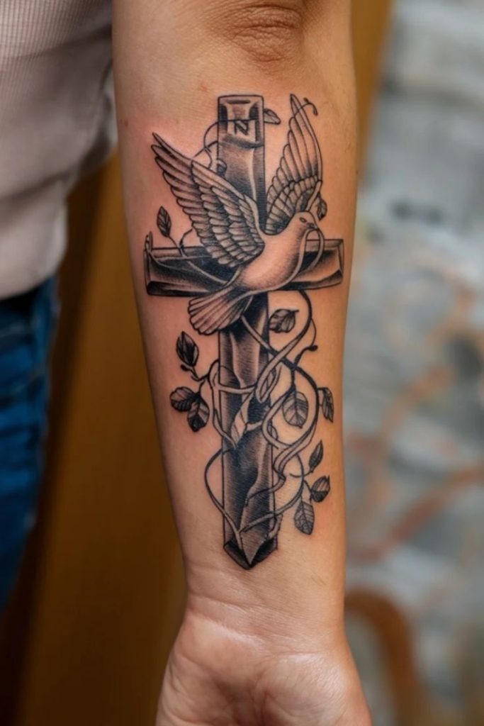 Cross and dove wrapped in ivy Tattoo Design