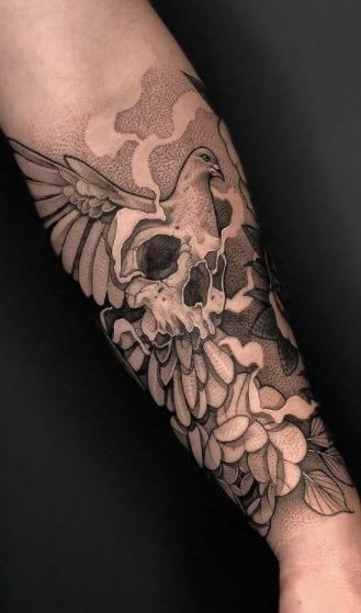 Dove and Skull Fusion Forearm Tattoo Tattoo Design