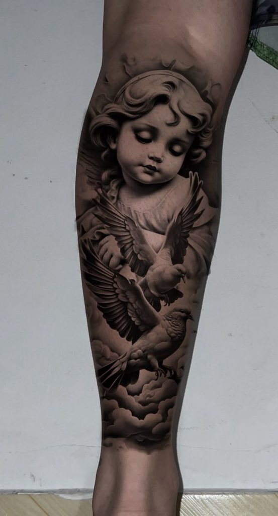 Full leg sleeve: Angels and doves Tattoo Design