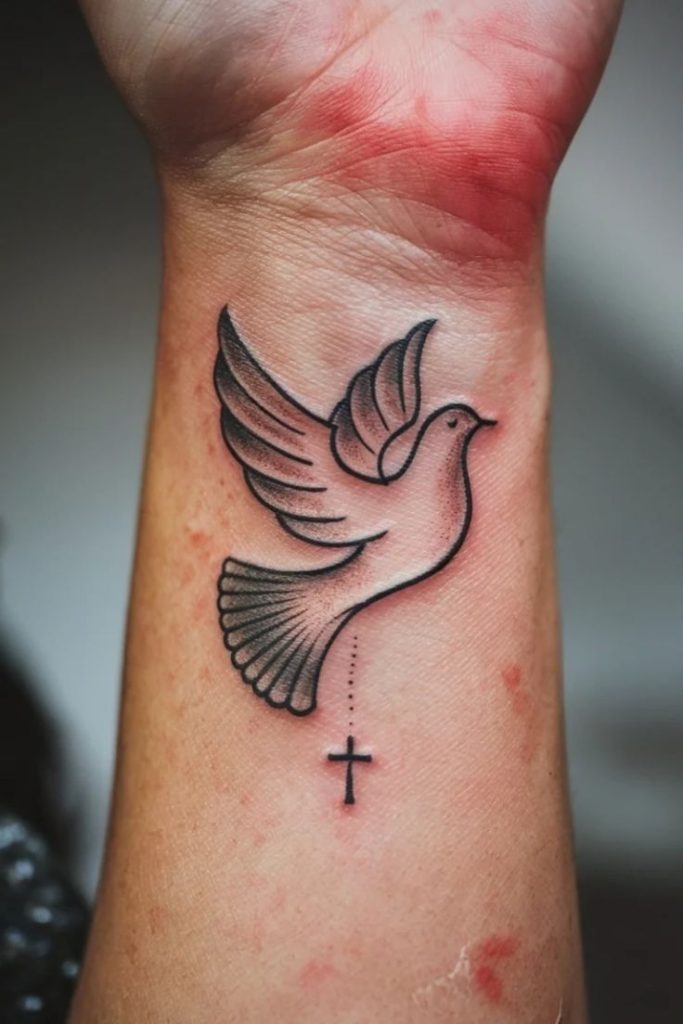 Minimal Wrist Tattoo Dove and Cross Tattoo Design