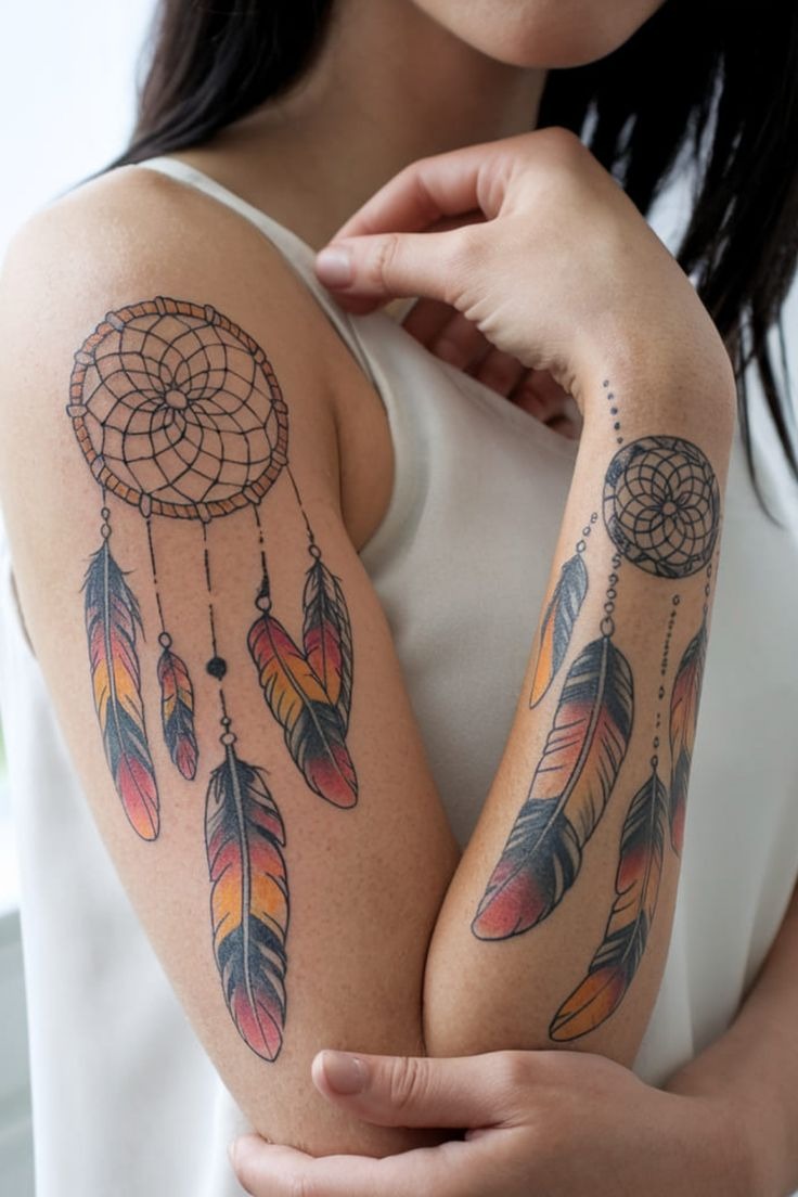 Colorful Matching Dream Catchers Tattoo Design