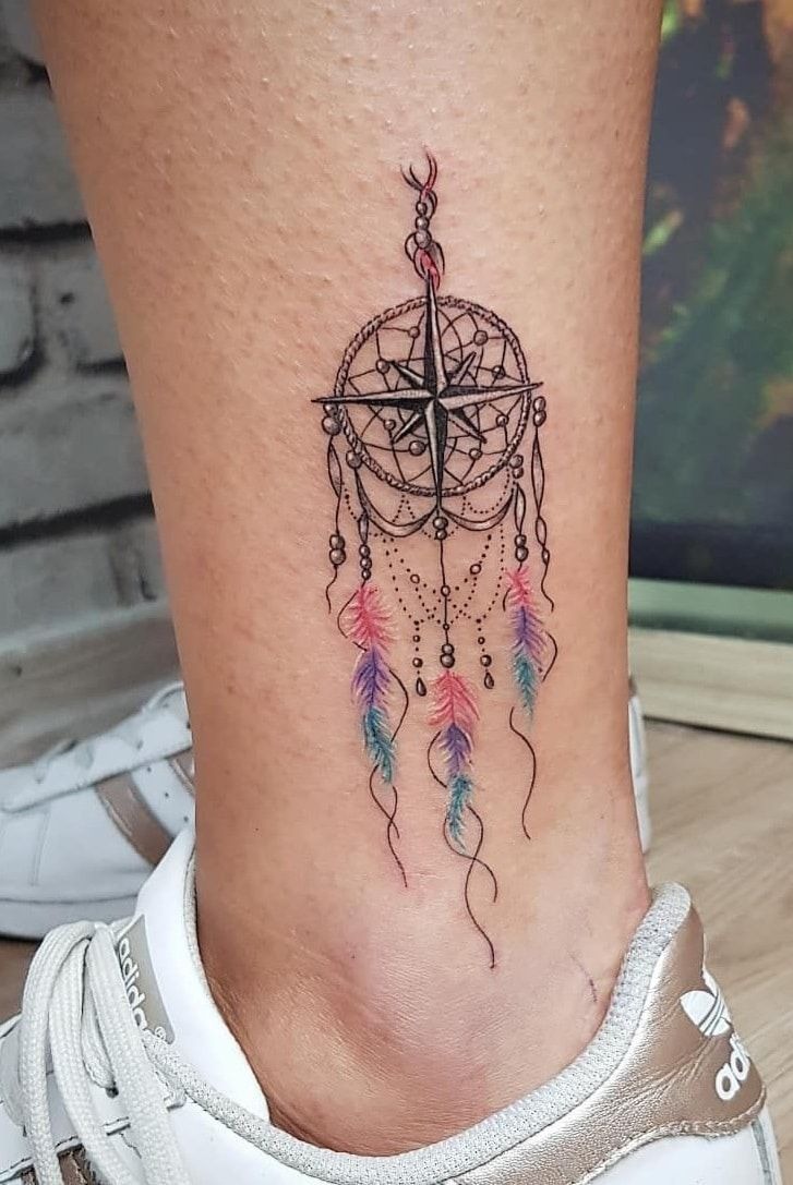 Compass-Inspired Dream Catcher Tattoo Design