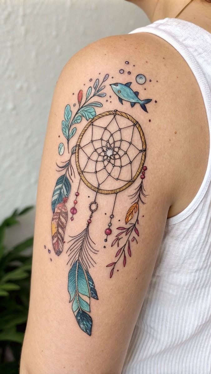 Playful Ocean Dream Catcher Tattoo Design