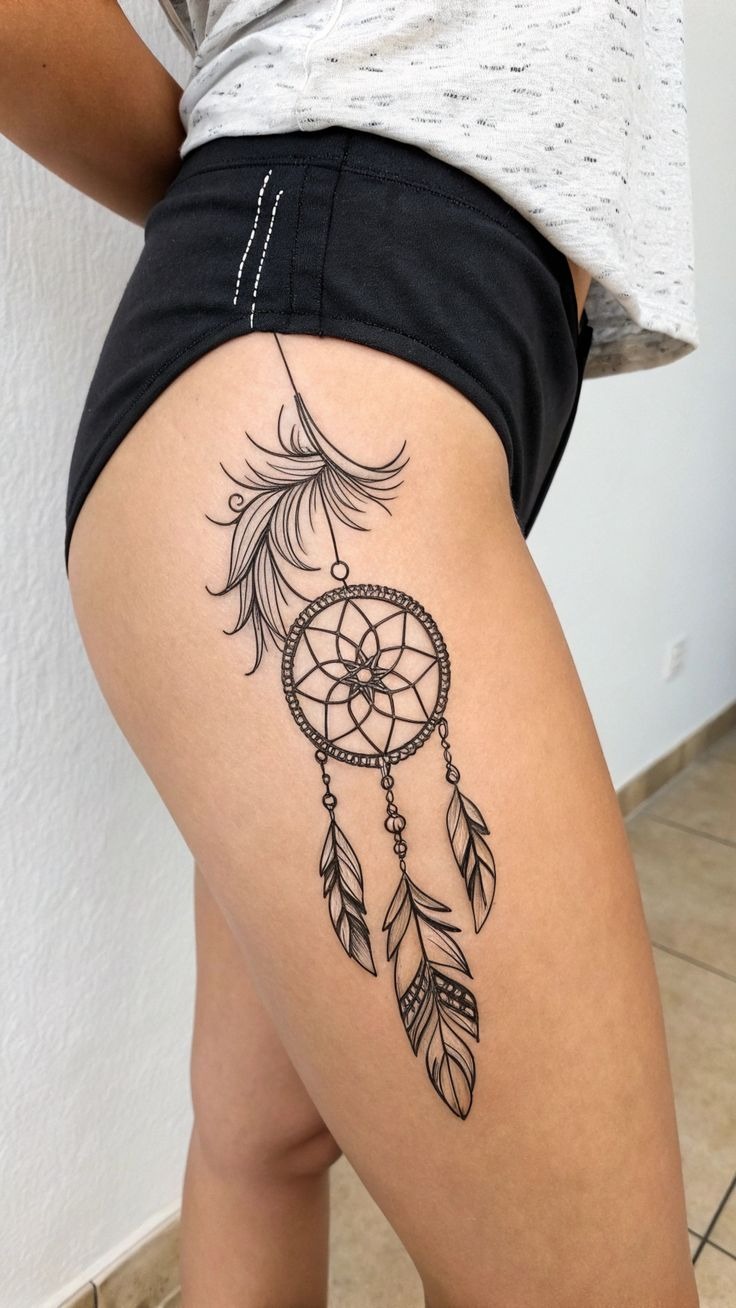 Whimsical Thigh Dream Catcher Tattoo Design