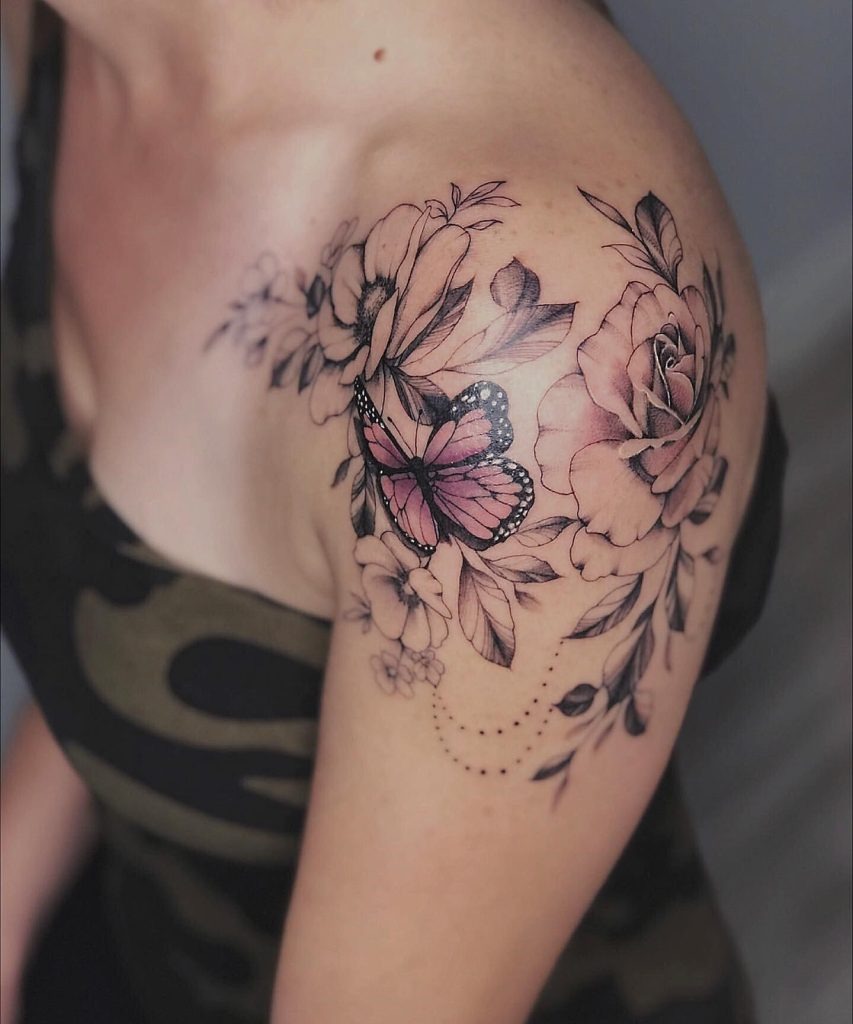 Butterfly with Floral Accents Tattoo Design