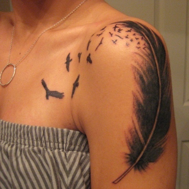 Feather and Birds in Flight Tattoo Design