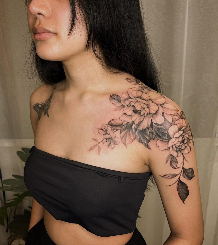 Large Floral Shoulder Piece Tattoo Design