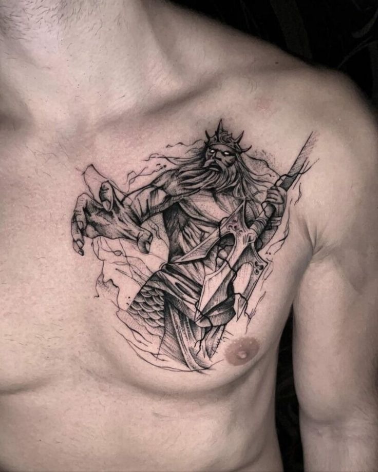 Fierce Poseidon Chest Sketch Tattoo Design