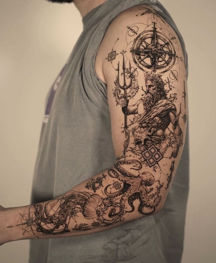 Full Sleeve Ocean Ruler Tattoo Design