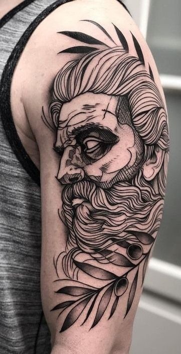 Graphic Poseidon Profile with Leaf Details Tattoo Design