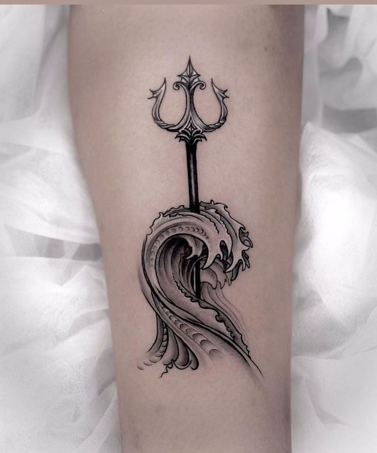 Minimal Wave & Trident Symbol Tattoo Design