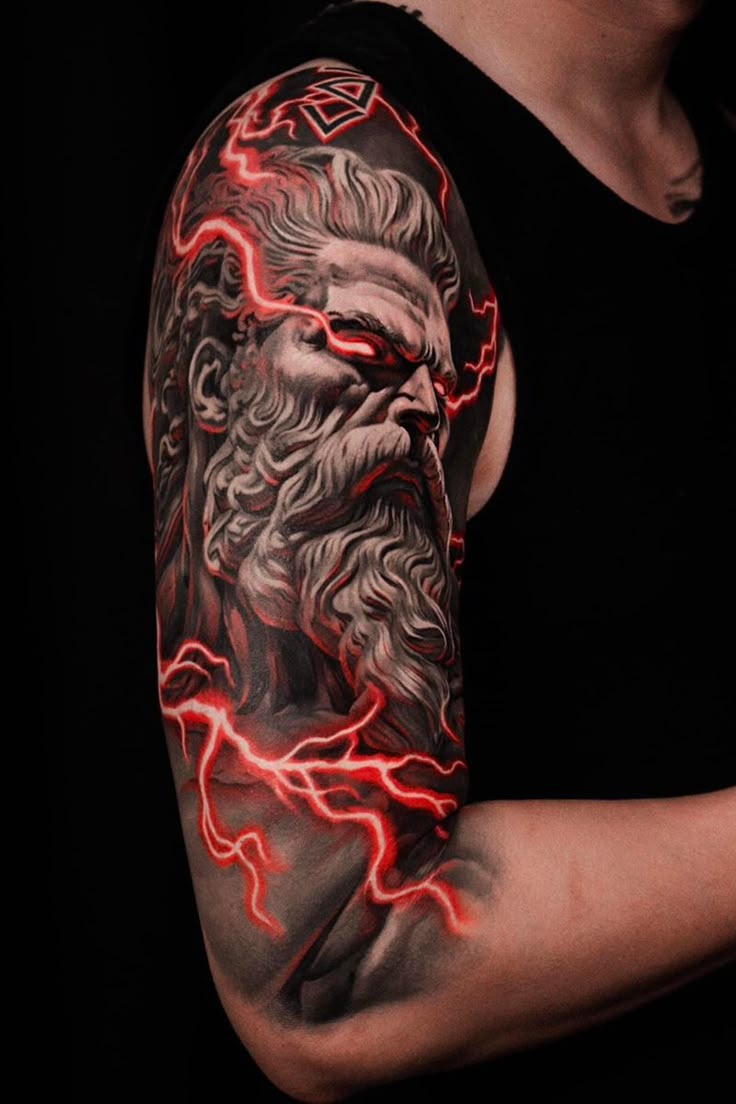 Neon Poseidon with Lightning Eyes Tattoo Design