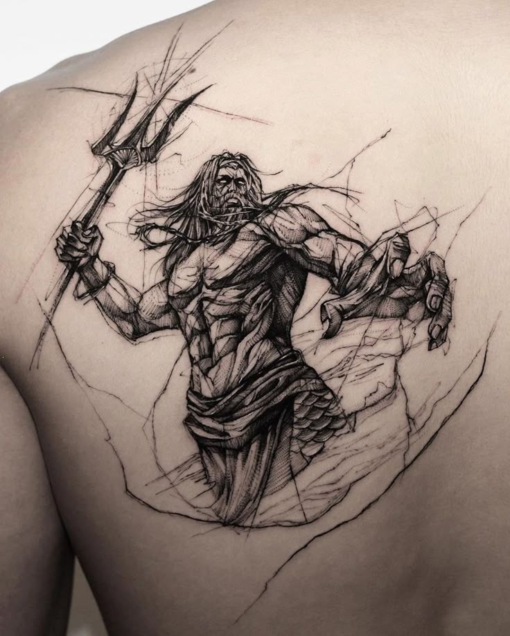 Poseidon Sketch Breaking Through Skin Tattoo Design