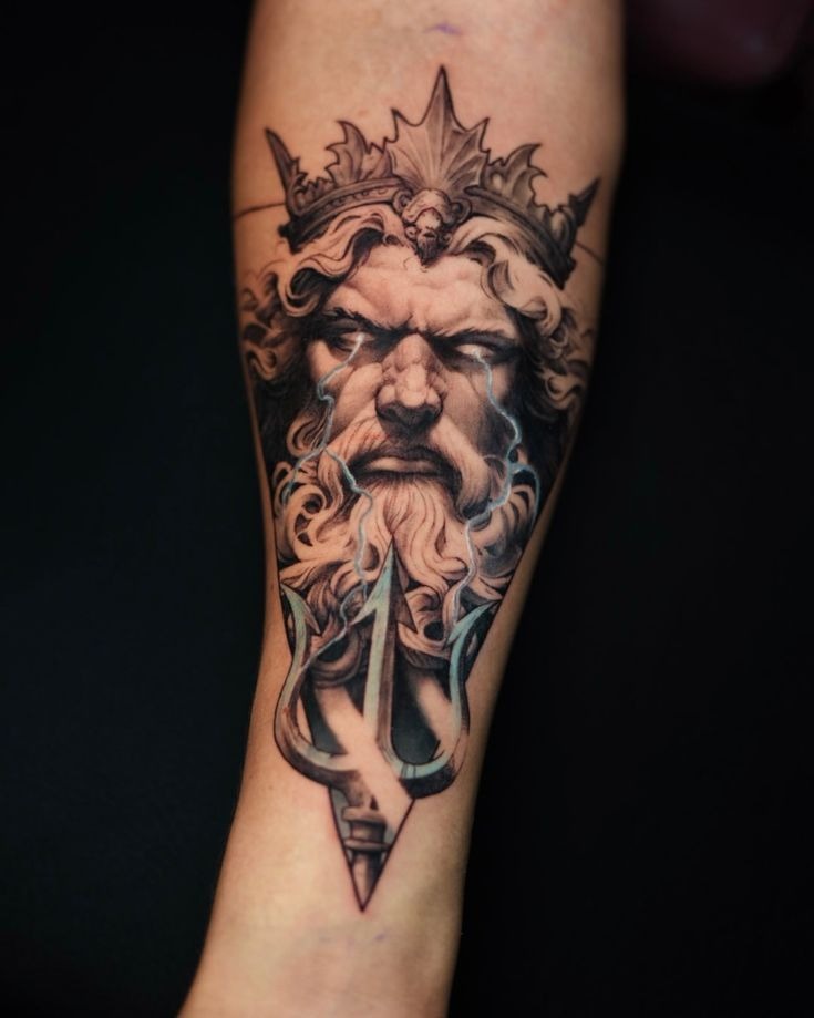 Realistic Poseidon Portrait with Trident Tattoo Design