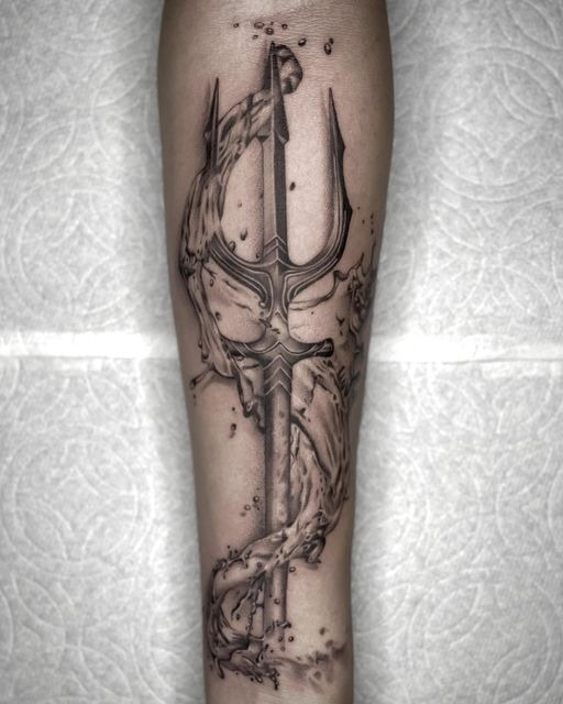 Realistic Trident with Water Flow Tattoo Design