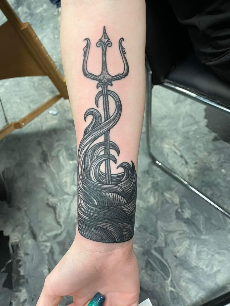 Rising Trident Through Waves Tattoo Design