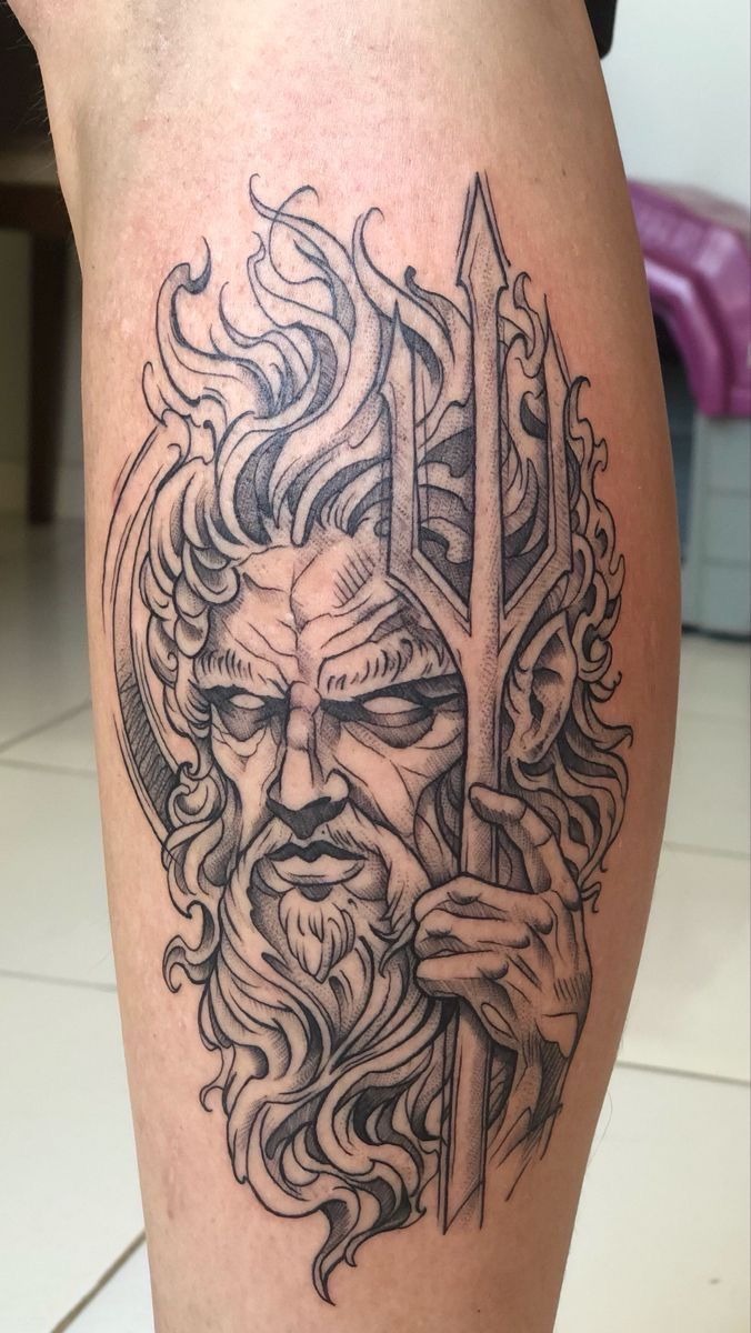 Storm-Gazed Poseidon Portrait Tattoo Design