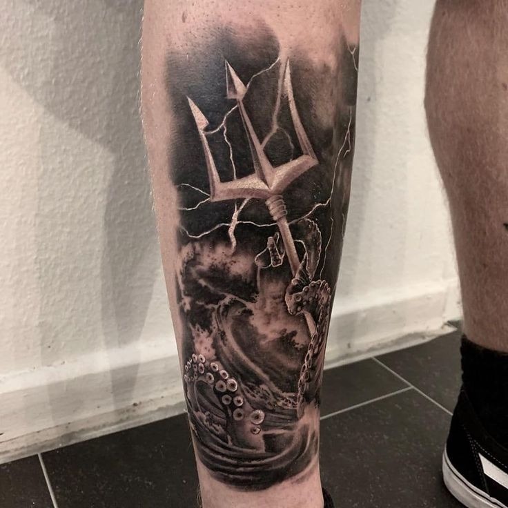 Thunderous Trident Battle Scene Tattoo Design