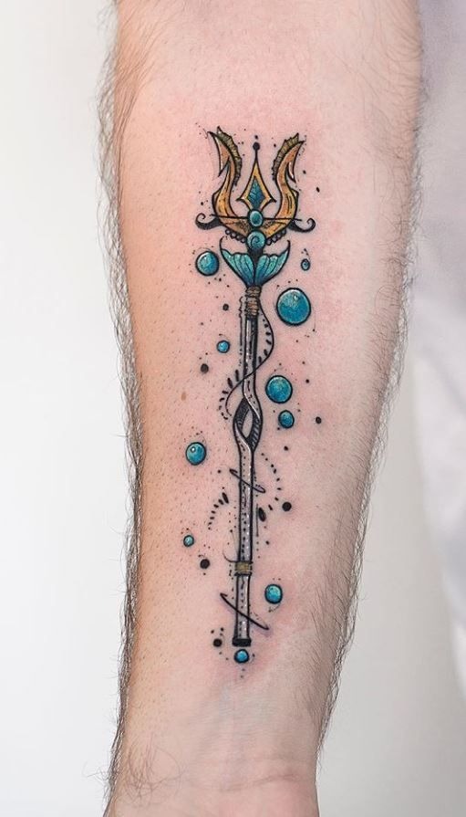 Watercolor Trident Wand Tattoo Design