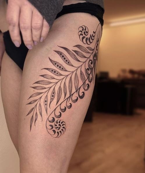 Artistic Fern Thigh Tattoo Tattoo Design