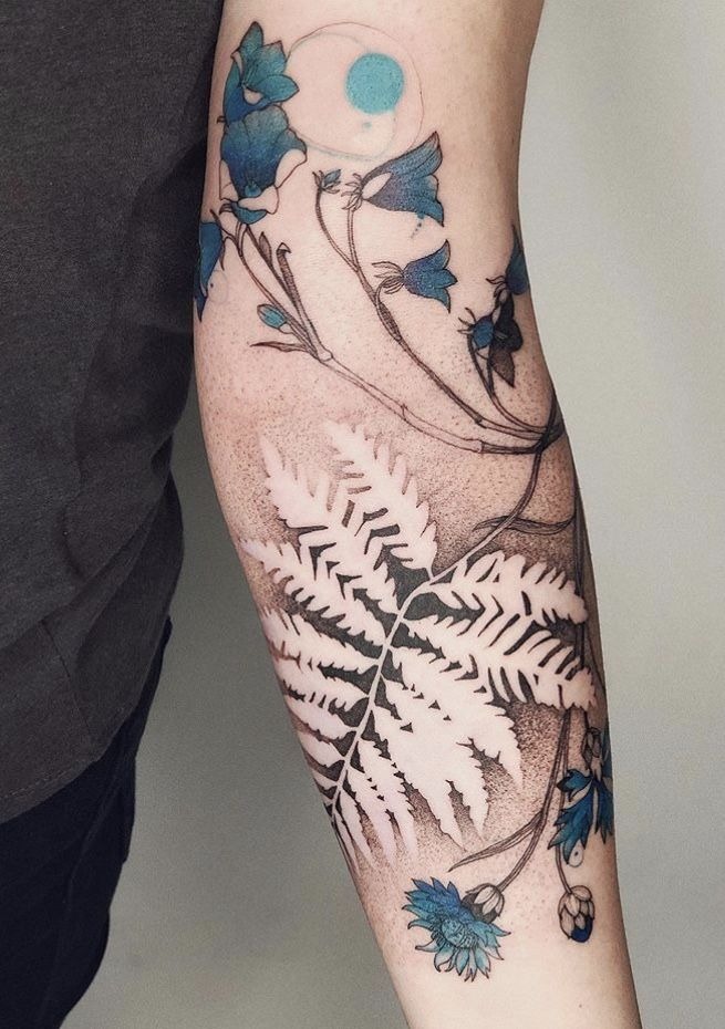 Blue Floral and Fern Tattoo with Contrast Tattoo Design