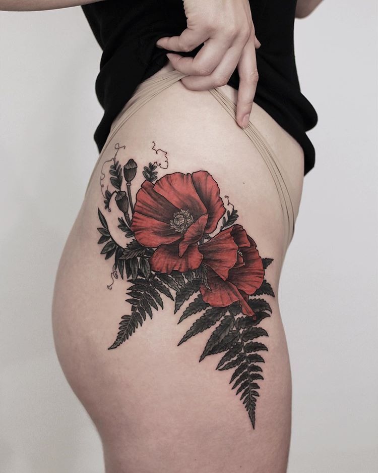 Bold Fern and Poppy Thigh Tattoo Tattoo Design