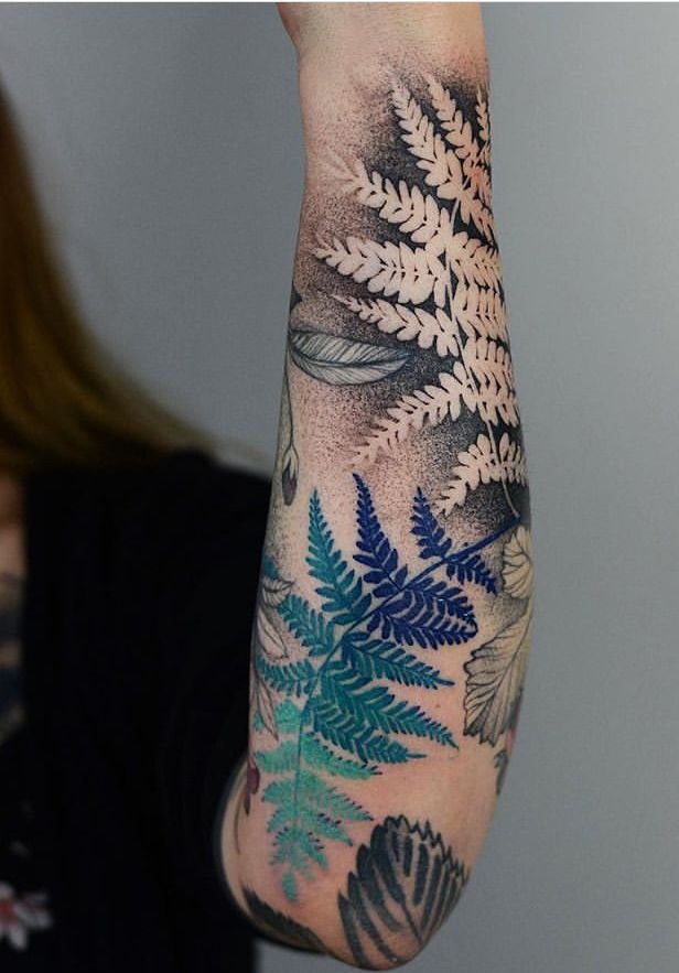 Bold Fern Forearm Tattoo with Color Accents Tattoo Design