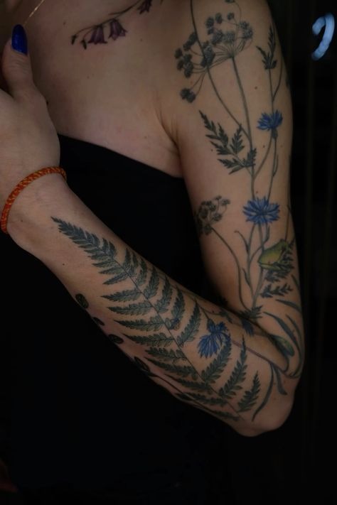Botanical Sleeve with Fern Accents Tattoo Design