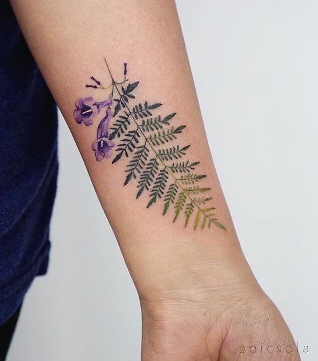 Fern and Purple Floral Tattoo Tattoo Design