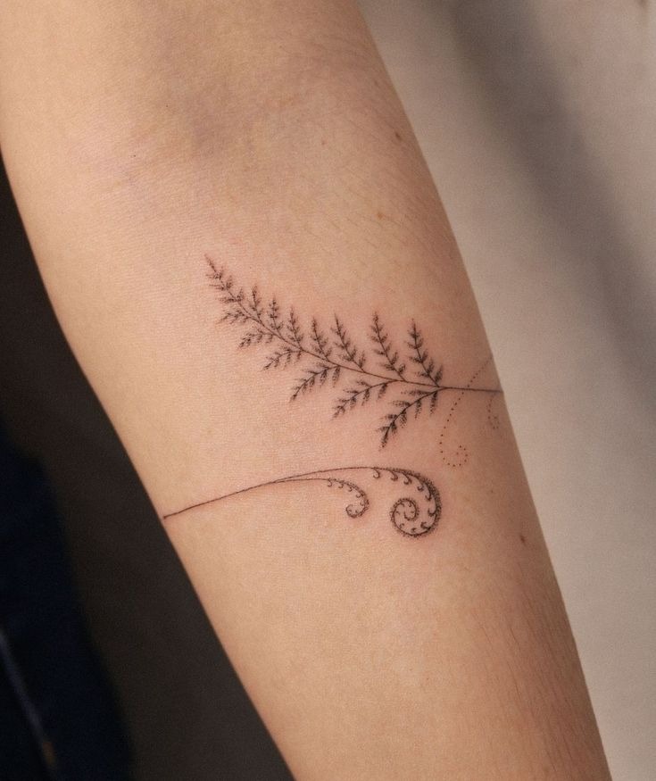 Whimsical Fern with Curling Lines Tattoo Design