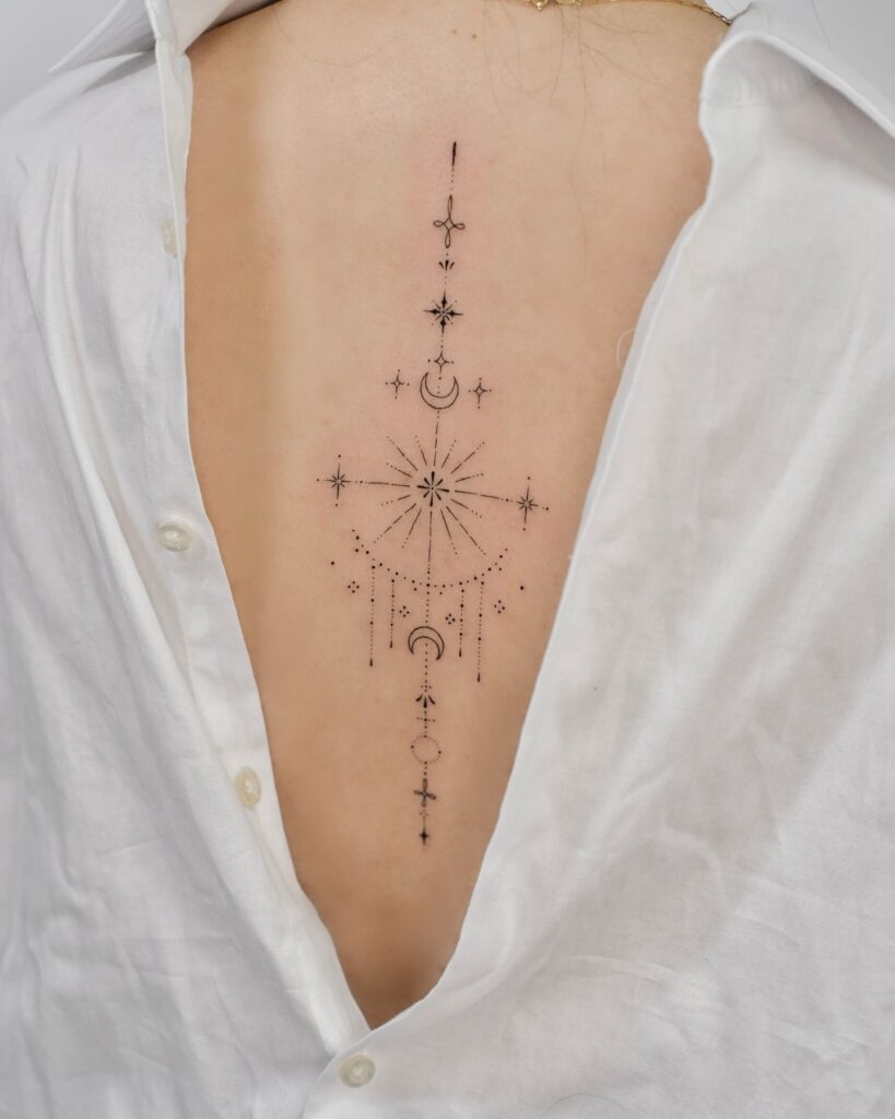 Celestial Fine Line Tattoo on Back Tattoo Design